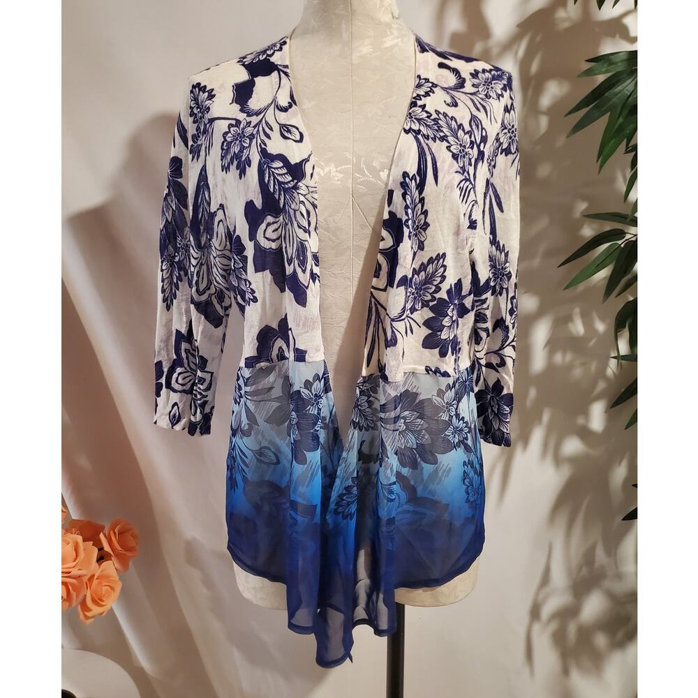 Chicos Floral Dip Dye Chiffon Trim Open Front Cardigan Topper Sz 2 L White Blue